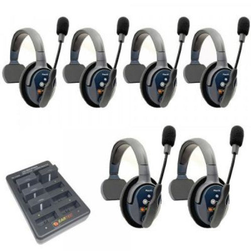 Eartec UltraLITE PRO16 Wireless Intercom System 6 Users ETP6S — Eartec Pro16 set of six wireless communication headsets with microphones and a battery charger on a white background